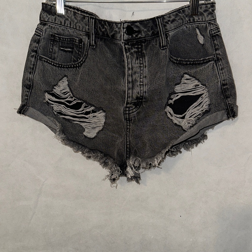 Distressed Black Denim Shorts